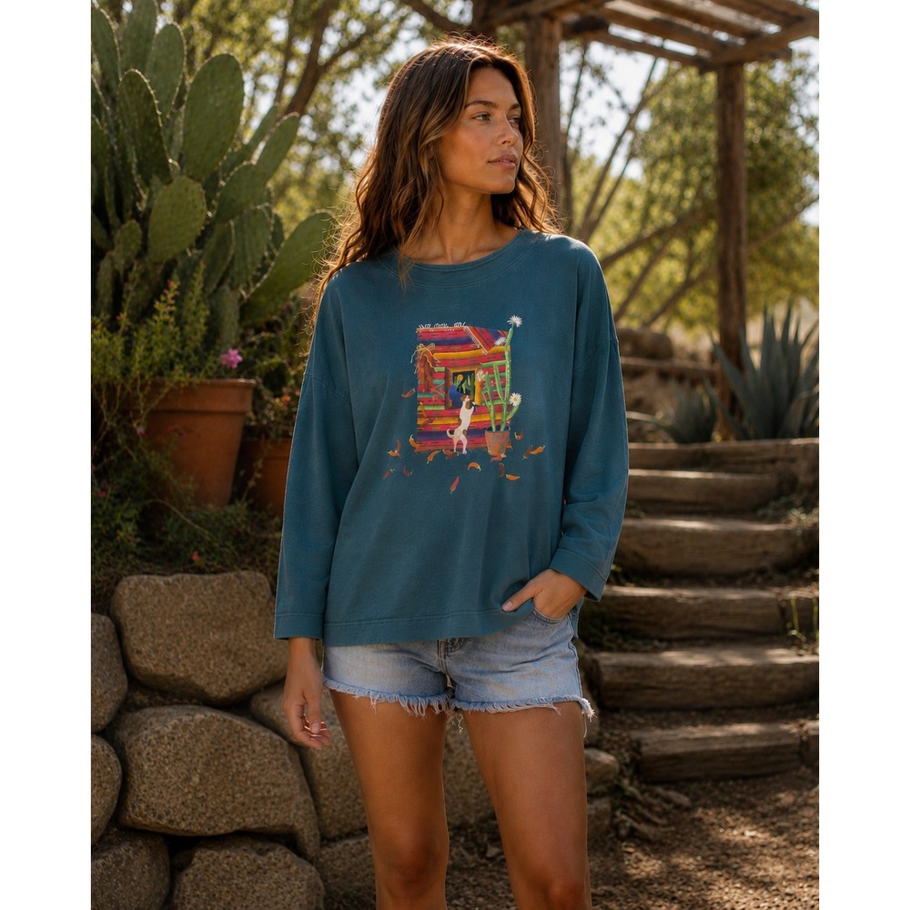 Sabaku Artwear Graphic Top Womens S/M Teal Excellent Southwestern Cactus Dog
